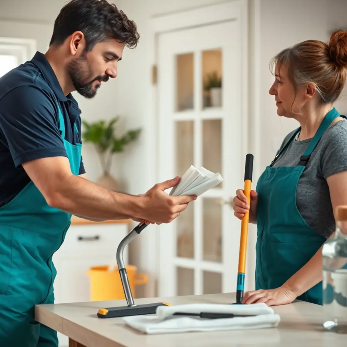 Homeowner reviewing house cleaning service inclusions with a professional cleaner
