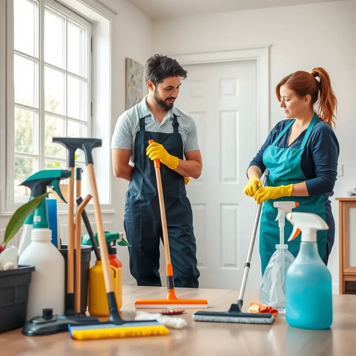 Professional house cleaning tools arranged for a surface-care discussion