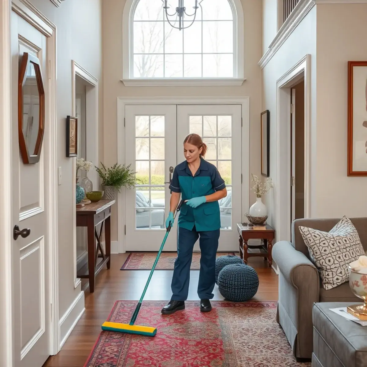 Professional cleaner working inside a Peapack-Gladstone, New Jersey home